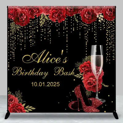 Black Gold Red Rose Custom Name Birthday Backdrop