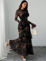 Women's Floral Print Dress, Elegant Gothic Long Sleeve Dress for Party Holiday Wedding Guest, Ladies Clothes for All Seasons