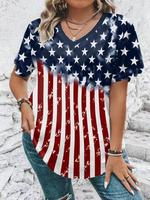 【Plus Size】 American Flag Print V Neck Tee, Casual Short Sleeve T-shirt for Summer, Women's Plus Clothing for Daily Wear