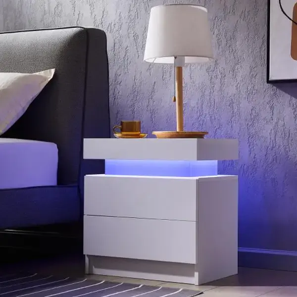 Nightstand LED Bedside Table Cabinet Lights Modern End Side with 2 Drawers for Bedroom (White) Furniture Design Minimal Stora...