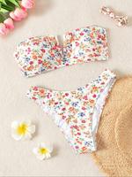 Women's Ditsy Floral Print Bandeau Swimsuit Set, Casual Fashion Chic Swim Top & High Cut Swim Bottom Two-piece Swimsuit for B...