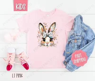 Polka Dot Bow Bunny Kids Shirt - Easter Children's Tshirt - Cute Youth Tee Gildan