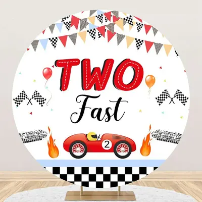 Round White Racing Car Fast Two Birthday Backdrop