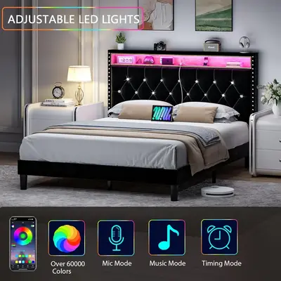HOMBCK Bed Frame with Led Lights, Mattress not included, Upholstered Platform  Bed Frame with Diamond Tufted, No Box Spring...