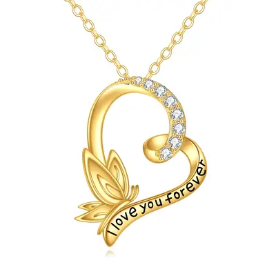 14K Gold Cubic Zirconia Butterfly & Heart Pendant Necklace with Engraved Word