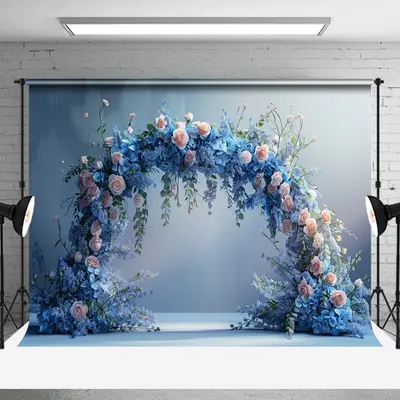 Elegant Blue Pink Arch Floral Wedding Photo Backdrop