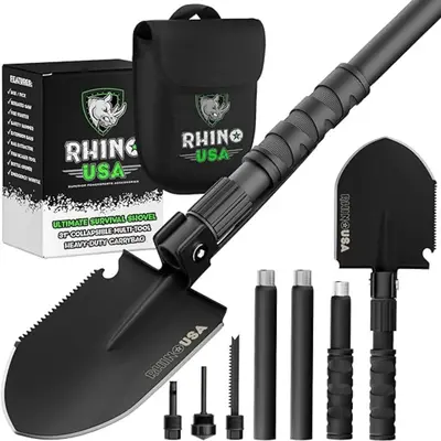 Rhino USA Survival Shovel w /Pick Heavy Duty Carbon Steel Military Style Entrenching Tool for Offroad, Camping, Digging Dirt,...