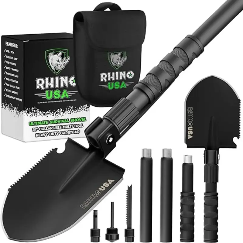 Rhino USA Survival Shovel w /Pick Heavy Duty Carbon Steel Military Style Entrenching Tool for Offroad, Camping, Digging Dirt,...