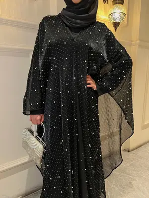 Women's Faux Pearls & Rhinestones Decor V Neck Abaya & Long Sleeve Round Neck Long Dress Set, Modest Fashion Two-piece Set fo...