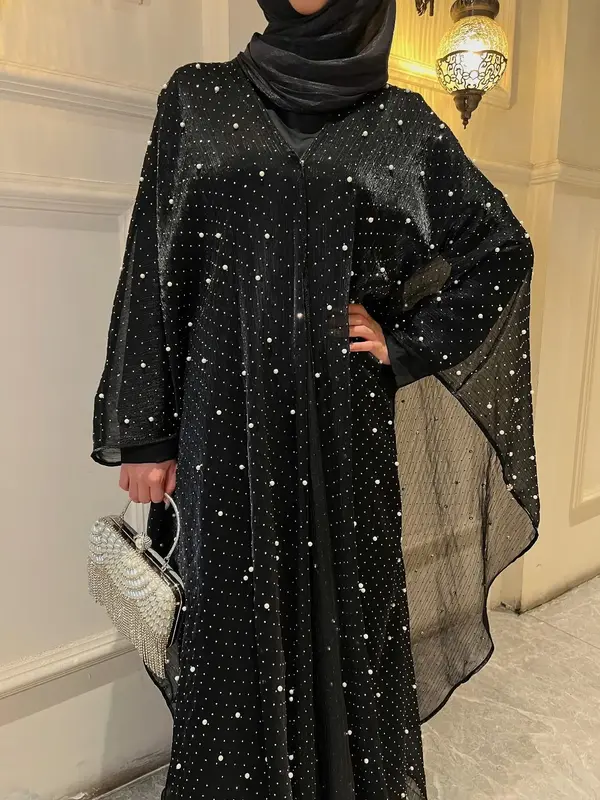 Women's Faux Pearls & Rhinestones Decor V Neck Abaya & Long Sleeve Round Neck Long Dress Set, Modest Fashion Two-piece Set fo...