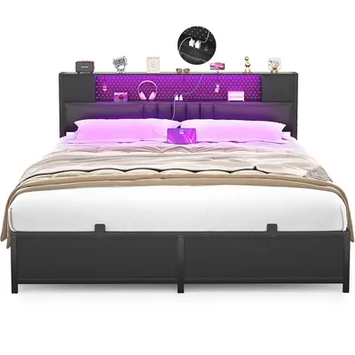 Homieasy Full Size Bed Frame with LED Light & Power Outlet, Platform Bed with Upholstered Headboard and Storage Cabinet, Luxu...