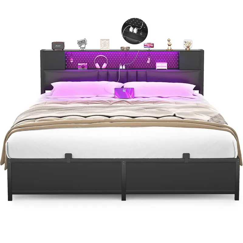 Homieasy Full Size Bed Frame with LED Light & Power Outlet, Platform Bed with Upholstered Headboard and Storage Cabinet, Luxu...
