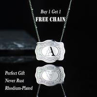 Holylegend Initial Letter Pendant Necklace with Embossed Belt Buckle, 2 Chains Included, Rhodium-Plated, Tarnish-Resistant, 1...