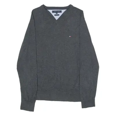 TOMMY HILFIGER Mens Jumper Grey V-Neck Tight Knit M