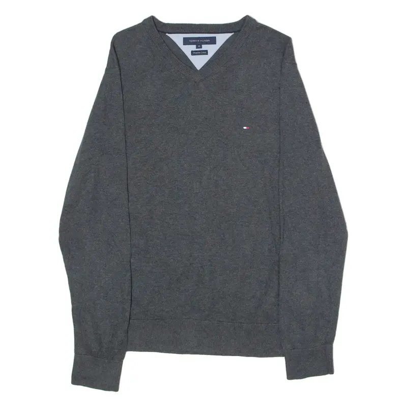 TOMMY HILFIGER Mens Jumper Grey V-Neck Tight Knit M