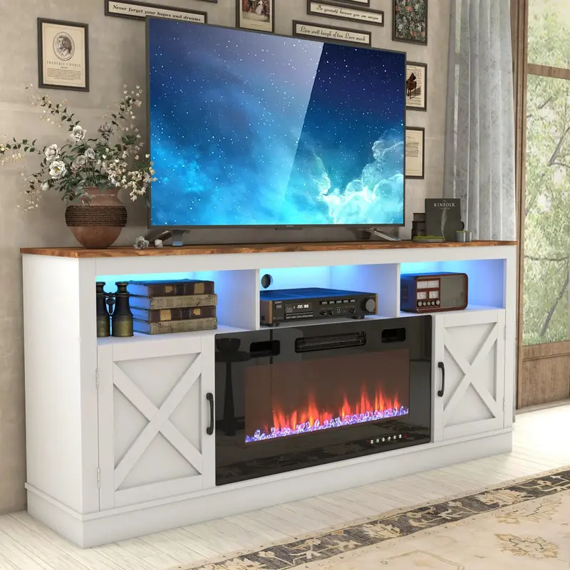 Farmhouse Fireplace TV Stand for 70/75/80 Inch TV, 71” Entertainment Center with 36”Electric Fireplace, Media Console Cab...