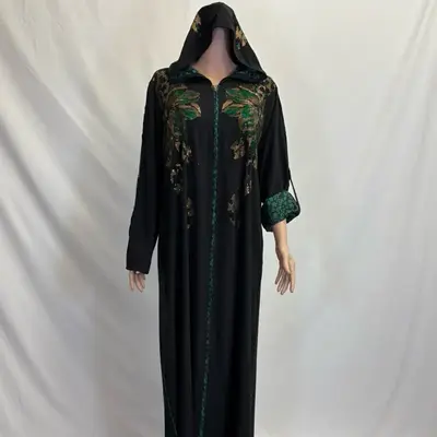 Dark Green Abaya with Adjustable Sleeves & Hood Rhinestone Leaf Design Pockets Fashionable Women's Wear Black Color