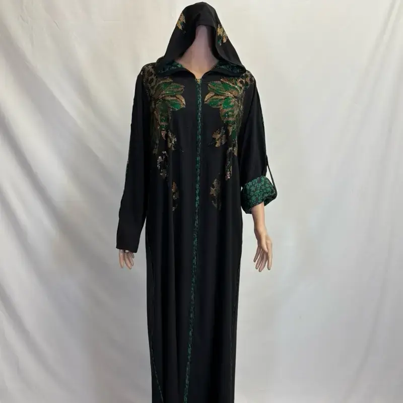 Dark Green Abaya with Adjustable Sleeves & Hood Rhinestone Leaf Design Pockets Fashionable Women's Wear Black Color