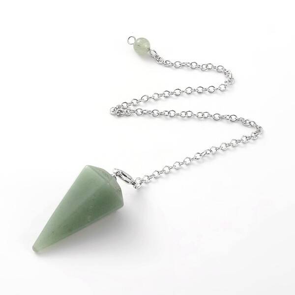 Platinum Tone Brass Green Aventurine Cone Hexagonal Pointed Dowsing Pendulums