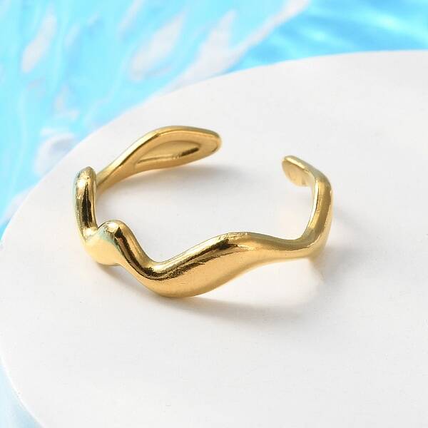 PVD Vacuum Plating 304 Stainless Steel Wave Open Cuff Ring for Women