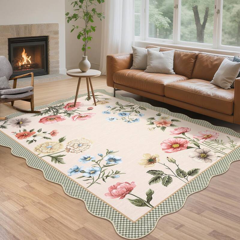 Garvee Scalloped Floral Rug 8x10 Non Slip Soft Washable TPE Rubber Backing Low Pile Hypoallergenic Nursery Kids Room Taupe