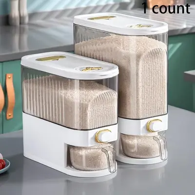 Kitchen Rice Dispenser, 1 Count Large Capacity Moisture-proof Grain Storage Bucket With Measuring Cup & Lid, Kitchen Suppli...