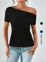 Women's Plain Asymmetrical Neck Tee, Casual Short Sleeve T-shirt for Summer, Women's Top for Daily Wear, Tops for Women, Tshi...