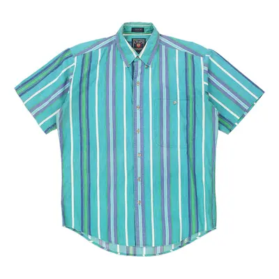 Chaps Ralph Lauren Striped Short Sleeve Shirt - Medium Blue Cotton