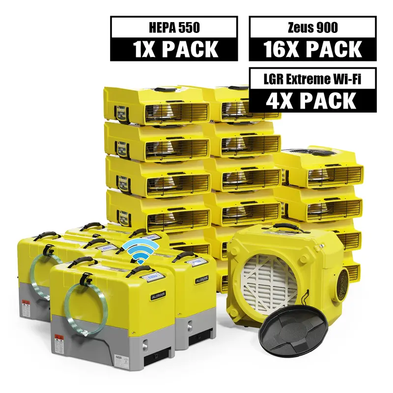 AlorAir® Water Damage Restoration Equipment Packagerm LGR Extreme Wi-Fi 85 Pint, 4 x Sto Commercial Dehumidifier, 16 x - Yel...