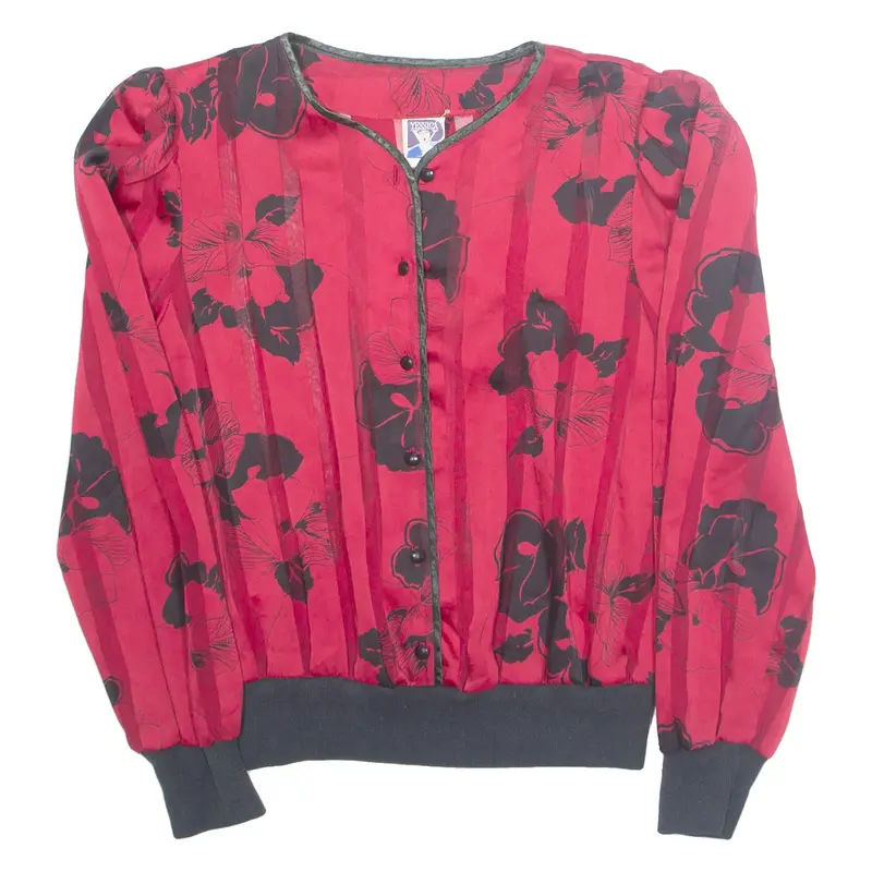 YESSICA Womens Printed Blouse Red Button Neck Long Sleeve 90s Floral S