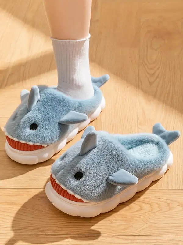 Women's Cute Cartoon Shark Design Fluffy Plush Slippers, Non-slip Warm Bedroom Slippers Shoes, Fashion Women's Platform Home ...
