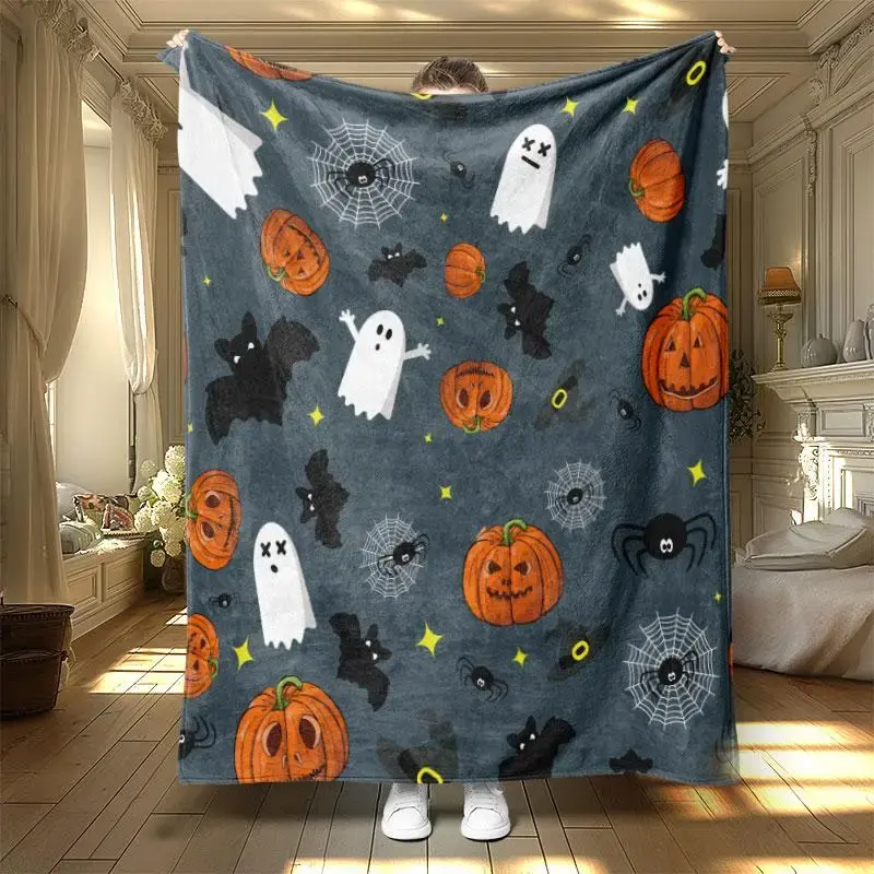 Pumpkin & Ghost & Bat Pattern Blanket, 1 Count Soft Warm Throw Blanket, Halloween Themed Air-conditioned Room Warm Nap Blank...