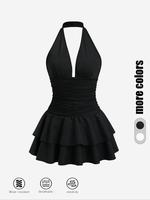 Women's Solid Ruched Halter Neck Dress, Chic Elegant Casual Sleeveless Short Dress for Daily Outdoor Wear, Ladies Clothes for...