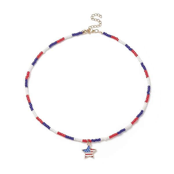 Independence Day Alloy Enamel Star Pendant Necklace with Glass Beaded Chains for Women