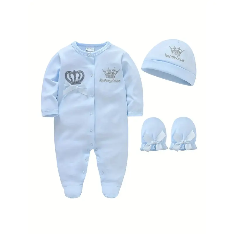 Adorable Pink Crown Embroidered Bowknot Cotton Romper for Girls with Matching Hat & Gloves - Machine Washable, Long Sleeve, P...