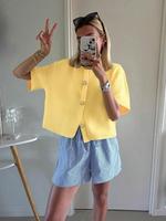 Women's Plain Button Front Sweater Cardigan without Bottom, Casual Short Sleeve Cardigan for Summer, Ladies Knitwear for Dail...
