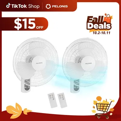 PELONIS 16'' Wall Mounted Fan with Remote Control,  2 Packs Oscillating Wall Fan, 3 Speed, 3 Wind Modes, 7.5H Timer, Adjustab...