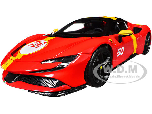 Ferrari SF90 Stradale Assetto Fiorano #50 Red with Black Top and Yellow Stripes Race + Play Series 1/18 Diecast Model Car b...