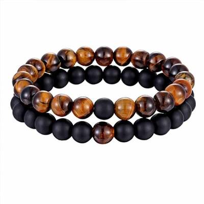 Valentine's Day Natural Tiger Eye & Obsidian Beaded Bracelets Sets
