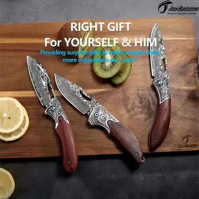 JoyRaining-Classic Small Knife(K001~003), Exquisite Handcrafted Knife with Wooden Handle and Damascus Blade, Multifunction Su...