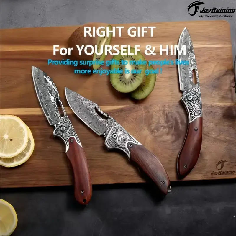JoyRaining-Classic Small Knife(K001~003), Exquisite Handcrafted Knife with Wooden Handle and Damascus Blade, Multifunction Su...