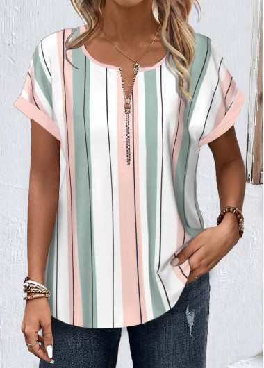 Modlily White Zipper Striped Short Sleeve Round Neck Blouse - L