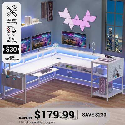 SEDETA ® 96 Inch L Shaped LED Gaming Desk Reversible Home Office Computer Table Pegboard and Storage Shelves White Home Offi...