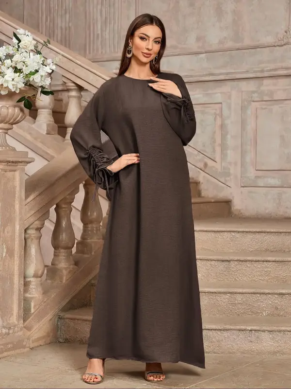 Women's Plain Drop Shoulder Long Sleeve Dress, Elegant Modest Fashion Casual Crew Neck Long Dress for Daily Outdoor Wear, Wom...