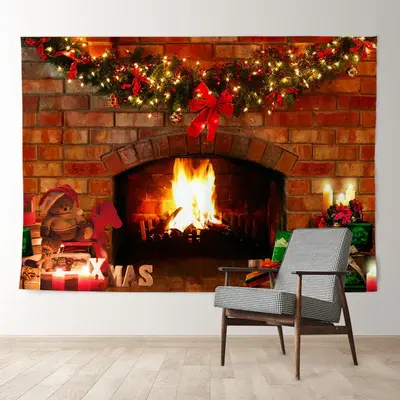 Aperturee Fireplace Light Wreath Brick Family Xmas Backdrop