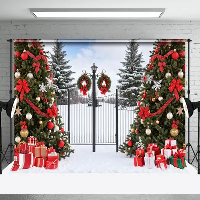 Aperturee Snowy Wild Field Gate Trees Gift Christmas Backdrop - Aperturee