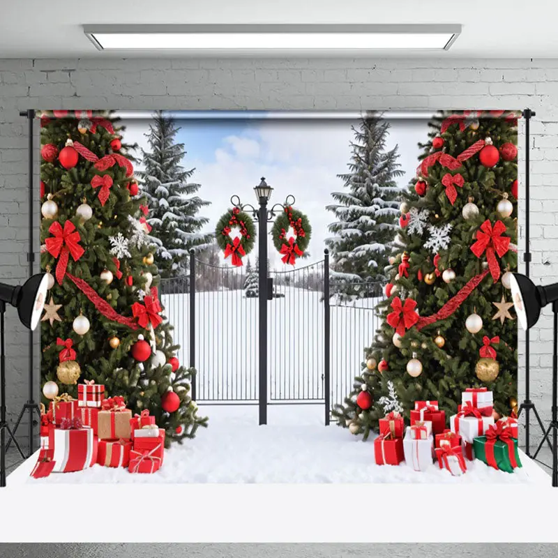 Aperturee Snowy Wild Field Gate Trees Gift Christmas Backdrop - Aperturee
