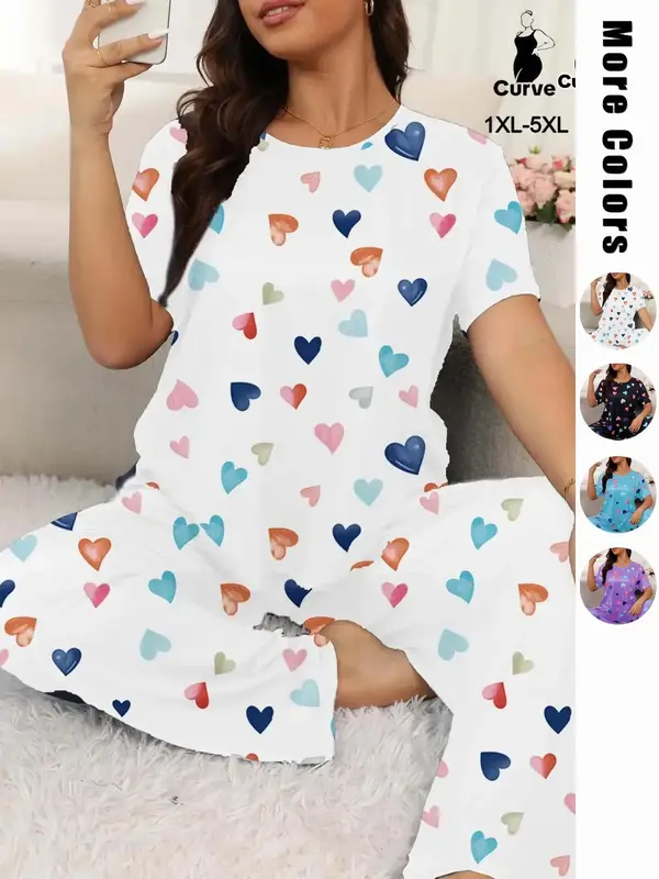 Plus Size Heart Print Tee & Pants Pyjama Set, Summer Outfits 2024, Casual Short Sleeve T-shirt & Pants, Women's Plus Size Lou...
