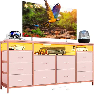 Garvee 63.3 Wide Dresser for 65-75 TV, 10 Drawer Dresser TV Stand Fabric Chest of Drawers with Led Lights & Power Outlets,...