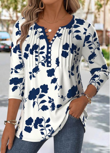Modlily Navy Floral Print Long Sleeve Split Neck T Shirt - M